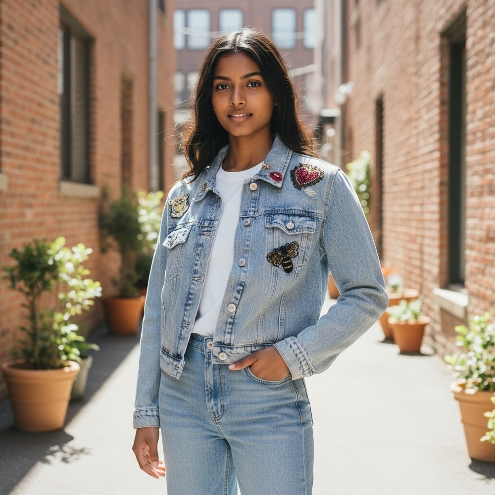 Old Navy Womens XL Light Wash Denim Jacket Distressed Patches Sequin Bee Heart